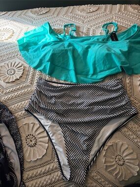 Turquoise Ruffle Bikini Top with Black & White High-Waist Stripe Bottoms